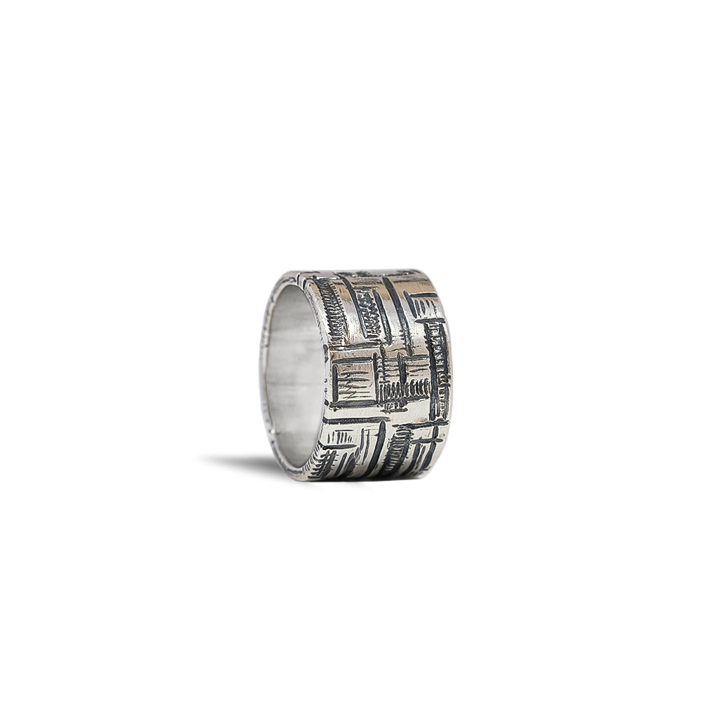 Oxidized Silver Tribal Ring Wide Band